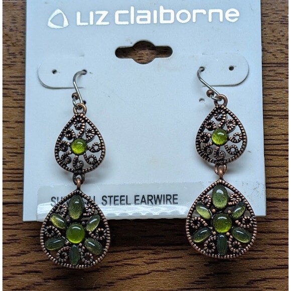 Liz Claiborne Bronze Tone Dangle Earrings Green Cabochons and Filigree Detail - Picture 1 of 6